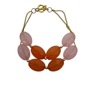 Two Strand Gemstone Bracelet Gold Tone‎ Orange Pink Faceted Beaded Toggle Clasp